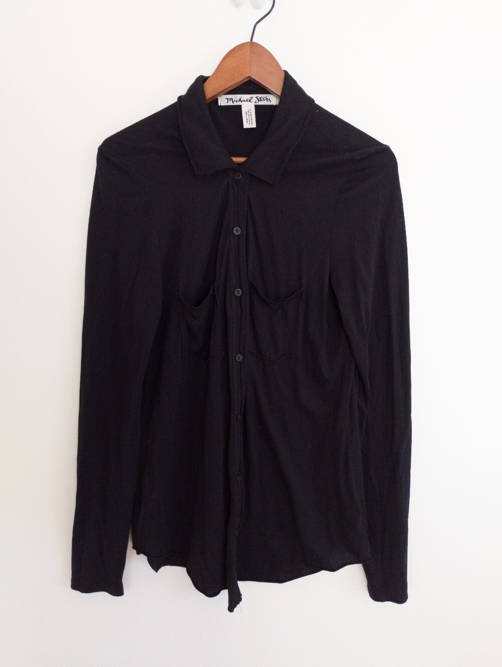 Michael Stars Black Cotton Modal Jersey Long Sleeve Button Down Shirt Large